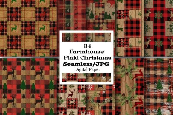 Download Farmhouse Plaid Christmas Digital Papers - Digital Collection
