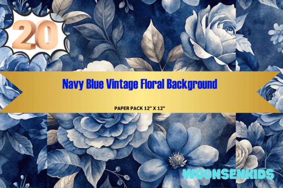 Download 20 Navy Blue Vintage Floral Background Watercolor Png Kdp Digital Paper - Digital Collection