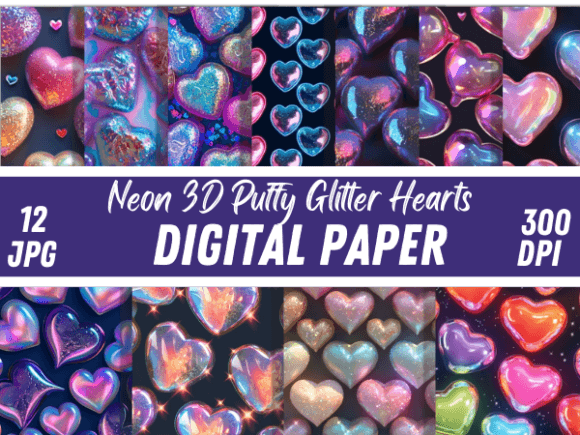 Download Neon 3D Puffy Glitter Hearts Patterns - Premium Resources