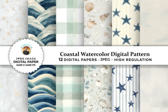 Download Coastal Watercolor Digital Patterns - Digital Collection