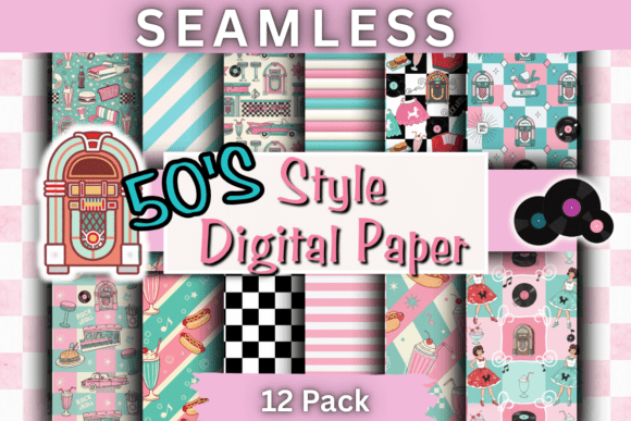 Download 50'S THEME DIGITAL PAPER 12 PACK PNG - Digital Collection