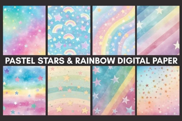 Download Pastel Stars &amp; Rainbow Digital Paper - Digital Collection