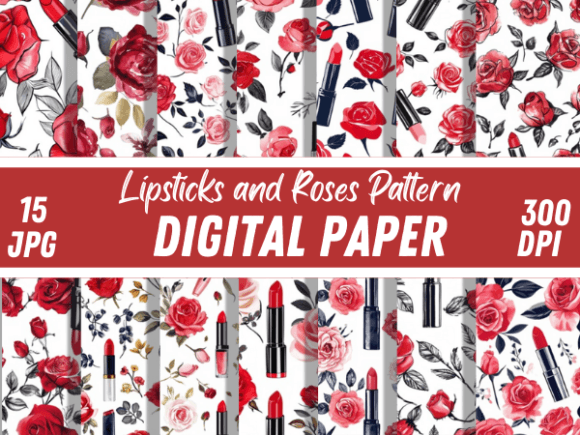 Download Lipsticks &amp; Roses Digital Paper Pattern - Premium Bundle