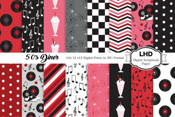 Download 50's Diner Black &amp; Red Digital Papers - Digital Collection
